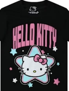 Hello Kitty Black Tee with Pink & Light Blue Star Graphic NWT